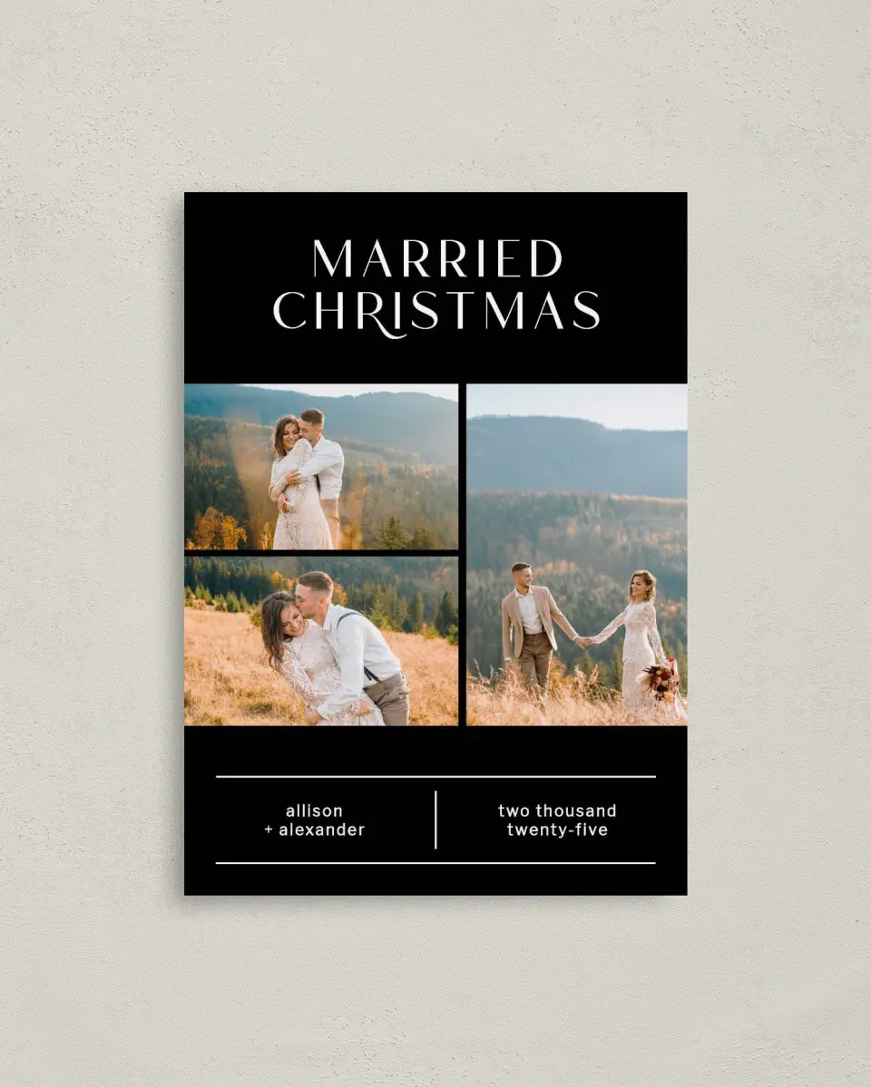 This is a 4" x 5.6" Christmas Card called Clear Christmas printed in full color with Rose Gold foil on Soft Suede (coated) paper