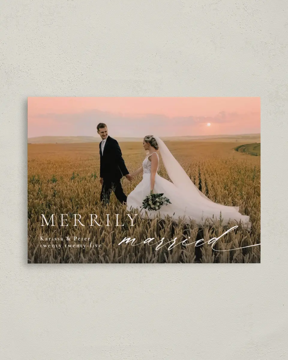 This is a 4" x 5.6" Christmas Card called Married Script printed in full color on Premium Smooth paper