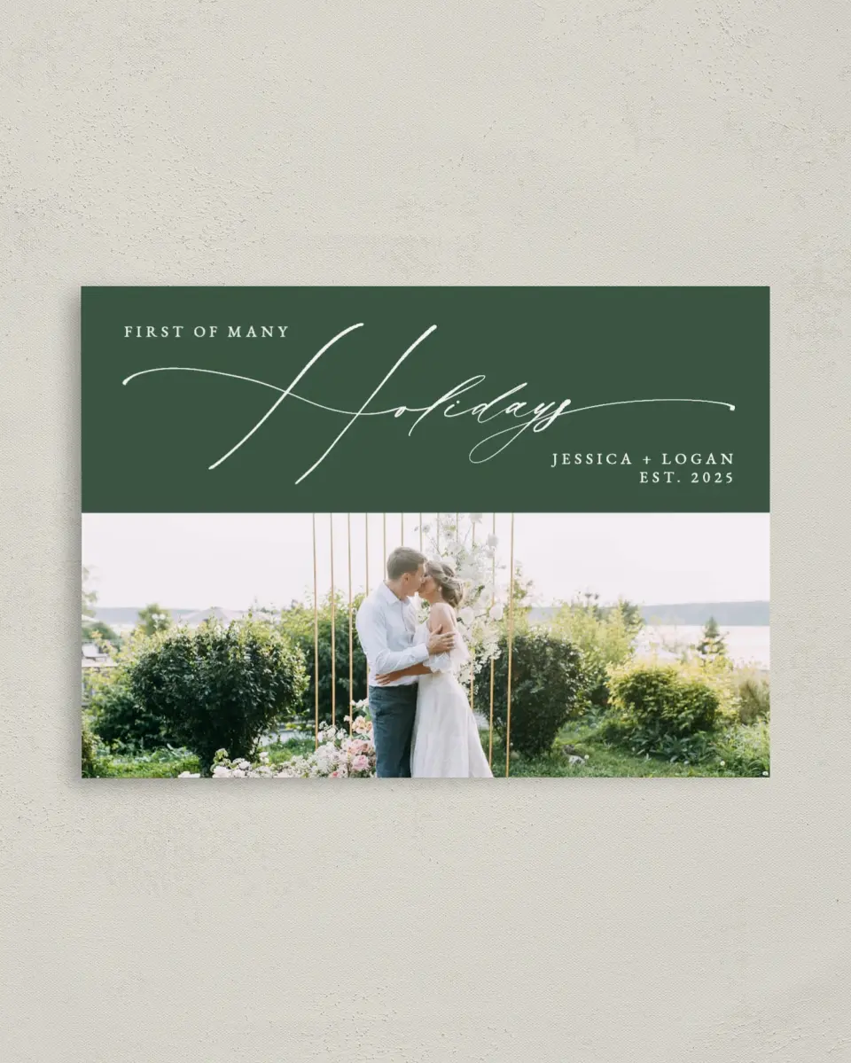 This is a 4" x 5.6" Christmas Card called Scripted Holidays printed in full color on Premium Smooth paper