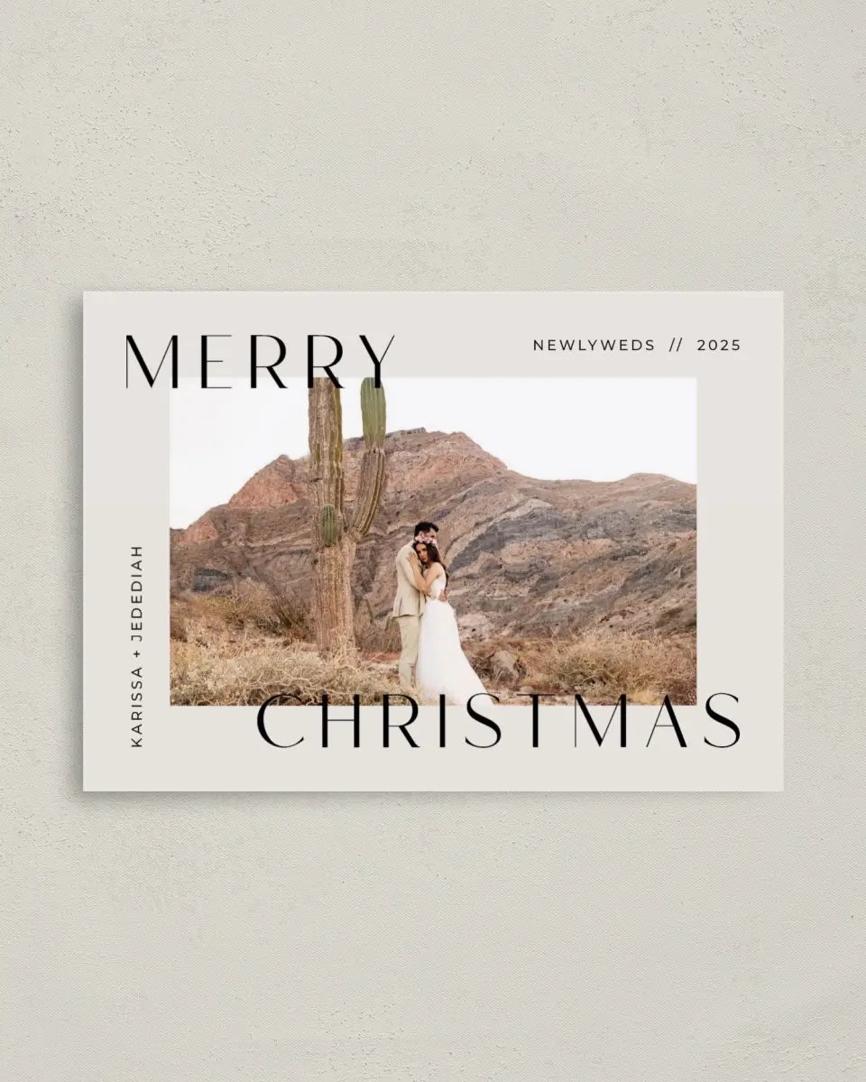 This is a 4" x 5.6" Christmas Card called To the Border printed in full color with Rose Gold foil on Soft Suede (coated) paper