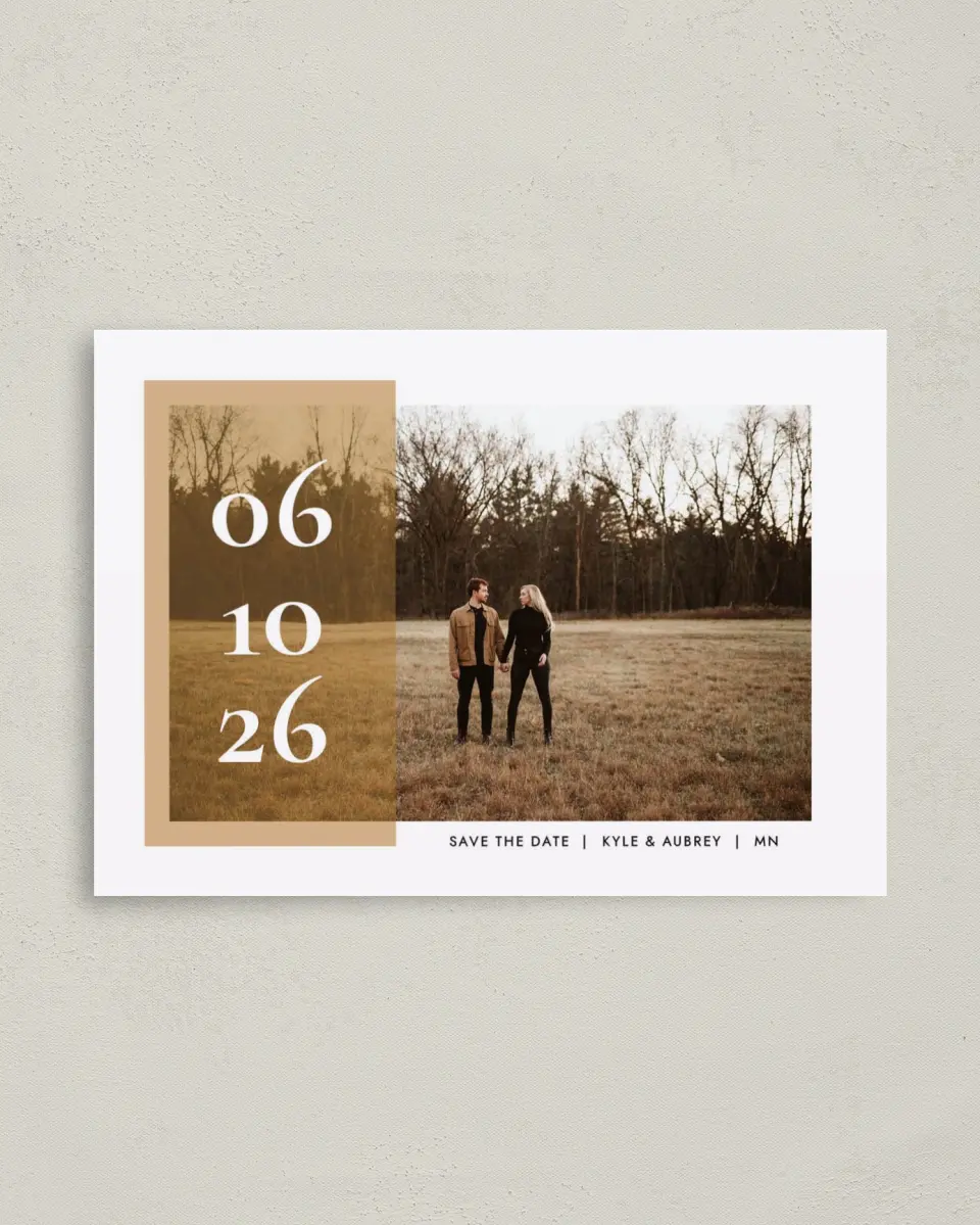 This is a 4" x 5.6" Save the Date Postcard called Stylish Overlay printed in full color on Soft Touch Finish paper