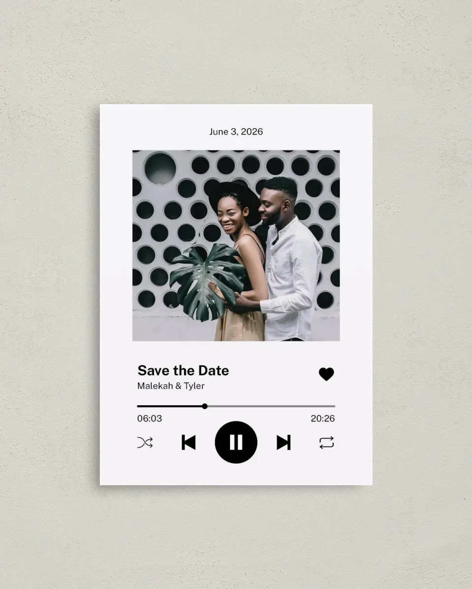 This is a 4" x 5.6" Save the Date Postcard called Our Song printed in full color with Rose Gold foil on Soft Touch Finish paper