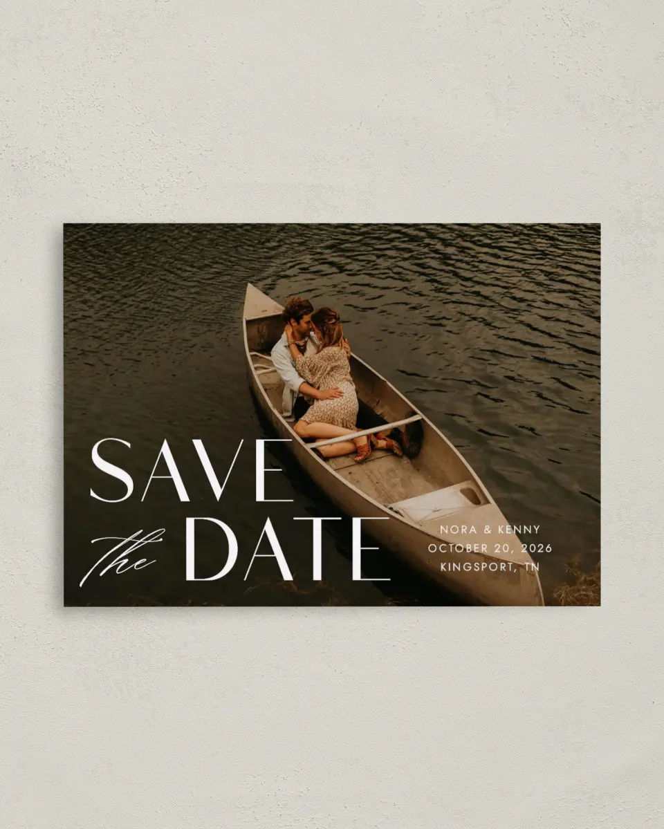 This is a 4" x 5.6" Save the Date Postcard called Luxe Love printed in full color on Soft Touch Finish paper