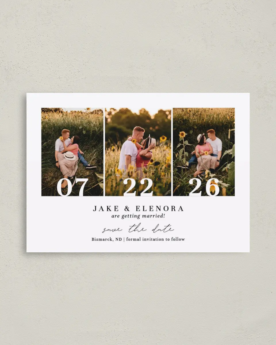 This is a 4" x 5.6" Save the Date Postcard called Sweetest Day printed in full color on Soft Touch Finish paper