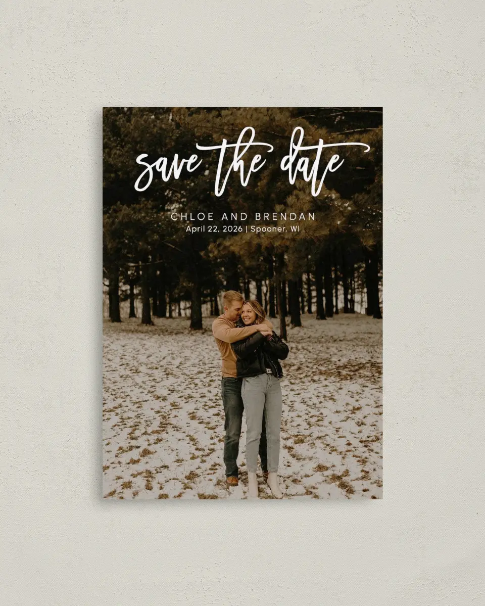 This is a 4" x 5.6" Save the Date Postcard called Daring Script printed in full color on Soft Touch Finish paper