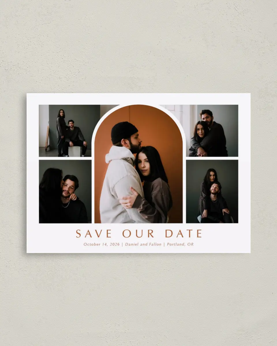 This is a 4" x 5.6" Save the Date Postcard called Arched Collage printed in full color on Soft Touch Finish paper