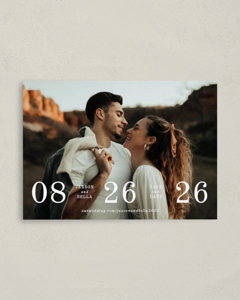 This is a 4" x 5.6" Save the Date Postcard called Immense Date printed in full color on Soft Touch Finish paper