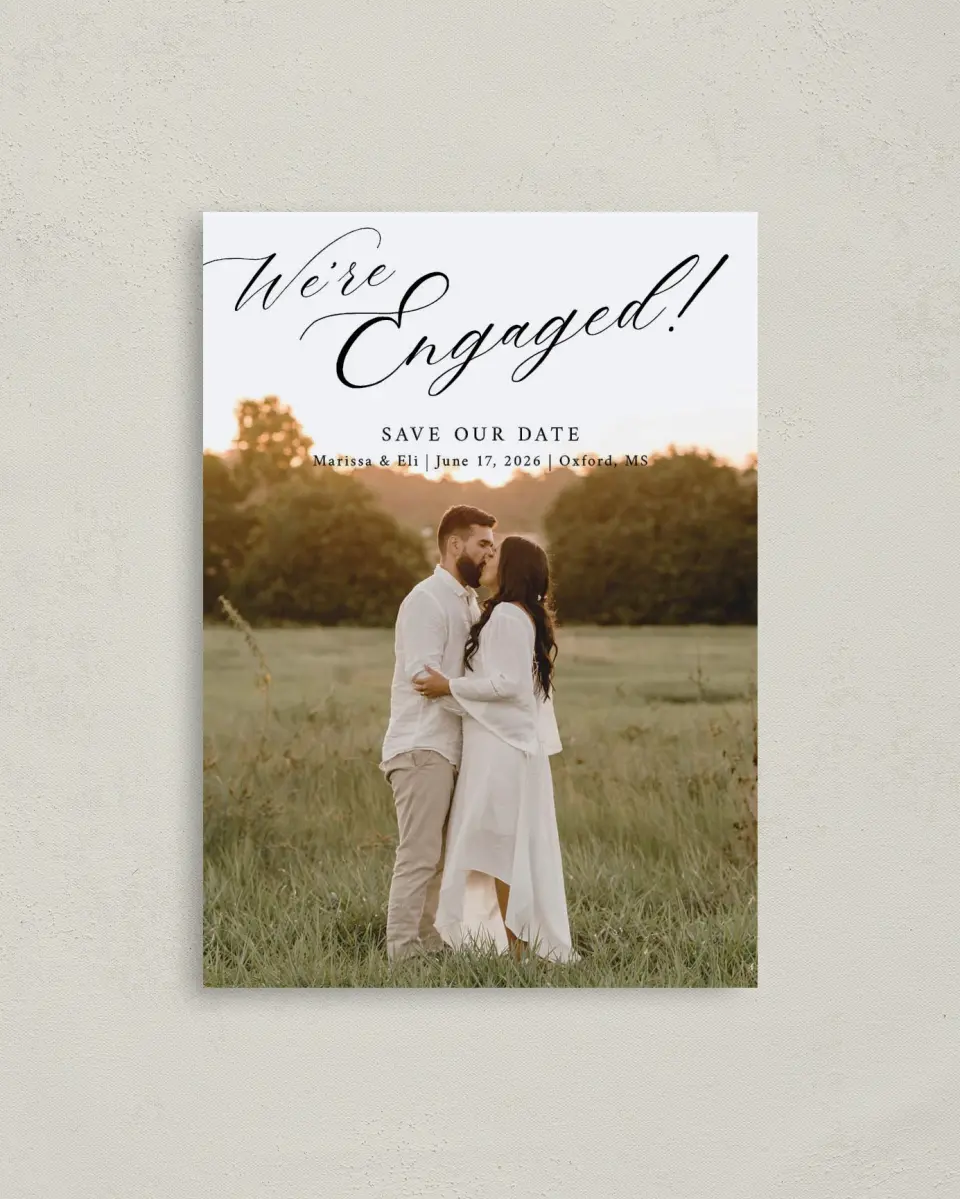 This is a 4" x 5.6" Save the Date Postcard called Elegant Engagement printed in full color on Soft Touch Finish paper