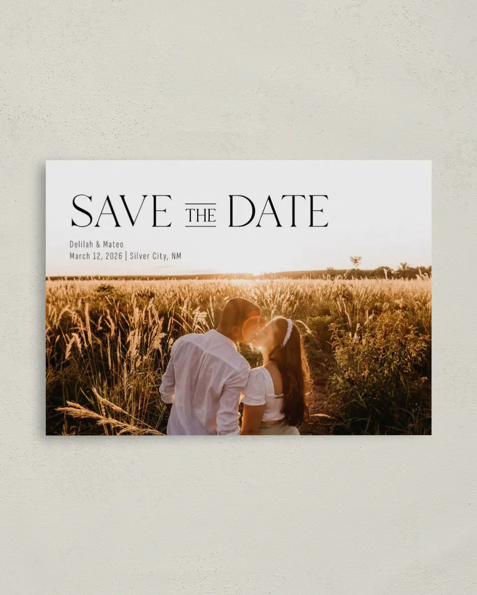 This is a 4" x 5.6" Save the Date Postcard called Bold Adoration printed in full color on Soft Touch Finish paper