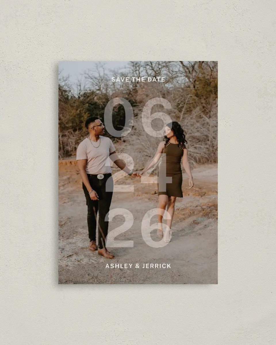 This is a 4" x 5.6" Save the Date Postcard called Overlaid Date printed in full color on Soft Touch Finish paper