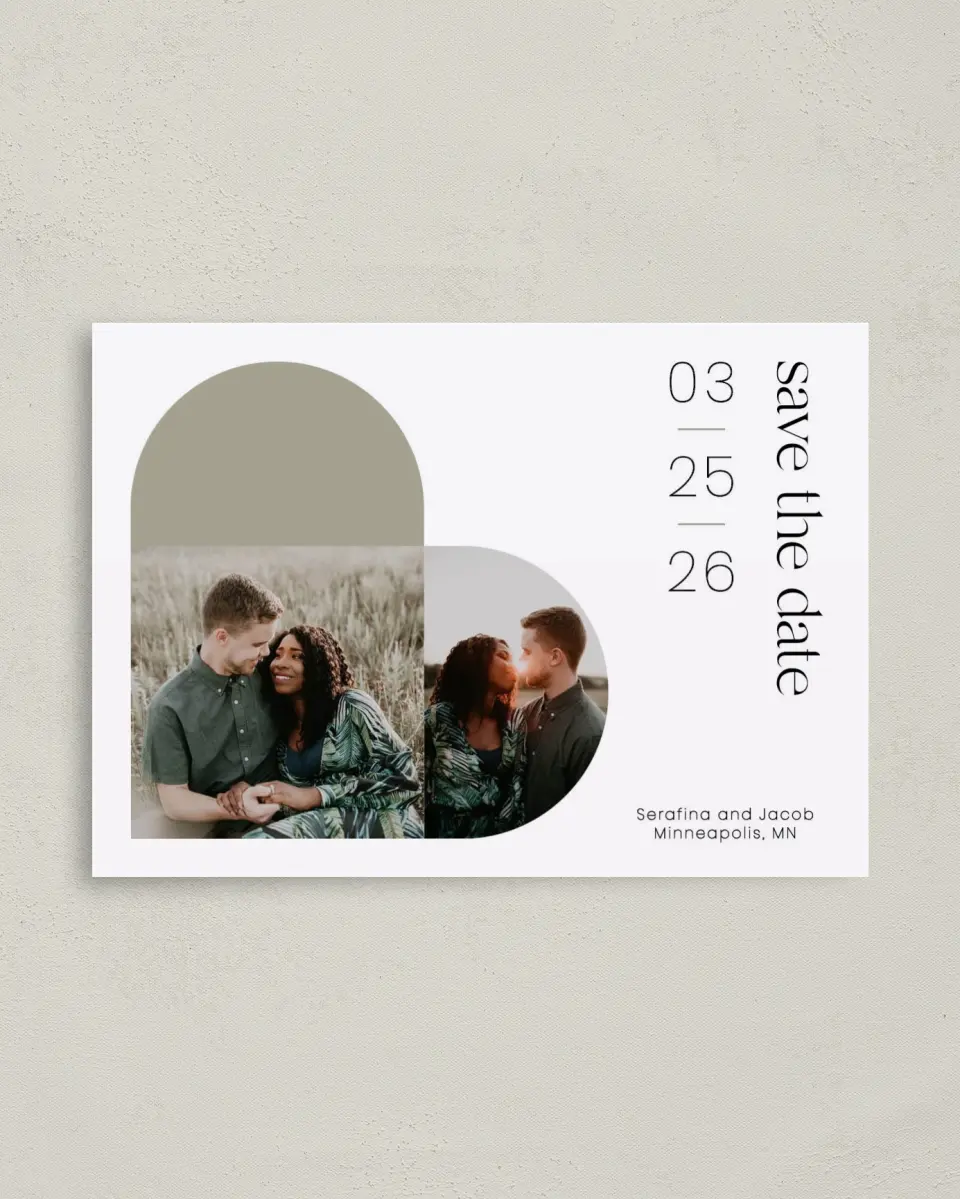 This is a 4" x 5.6" Save the Date Postcard called Funky Heart printed in full color on Soft Touch Finish paper