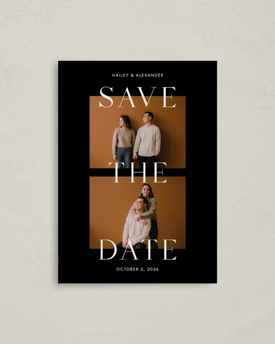 This is a 4" x 5.6" Save the Date Postcard called Bold Devotion printed in full color with Rose Gold foil on Soft Touch Finish paper