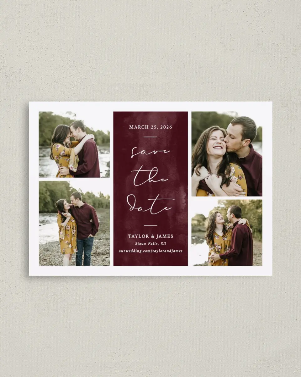 This is a 4" x 5.6" Save the Date Postcard called Watercolor Collage printed in full color on Soft Touch Finish paper
