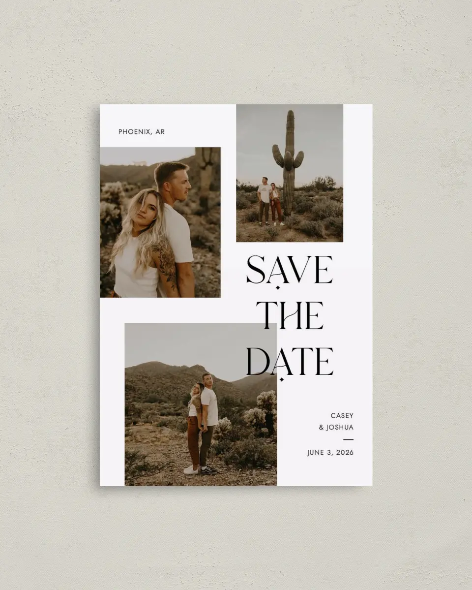 This is a 4" x 5.6" Save the Date Postcard called Forever Fun printed in full color with Rose Gold foil on Soft Touch Finish paper