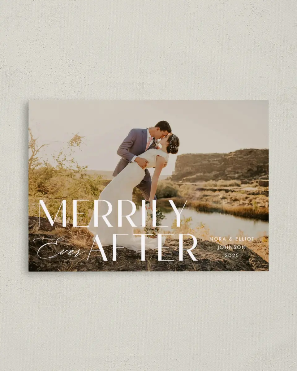 This is a 4" x 5.6" Christmas Card called Merrily Every After printed in full color on Premium Smooth paper