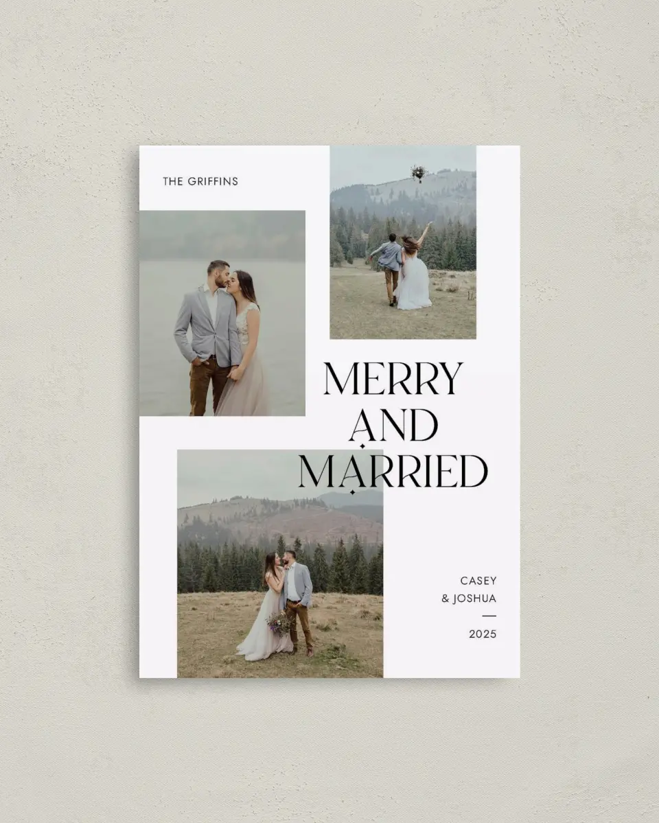 This is a 4" x 5.6" Christmas Card called Married Mix printed in full color with Rose Gold foil on Soft Suede (coated) paper
