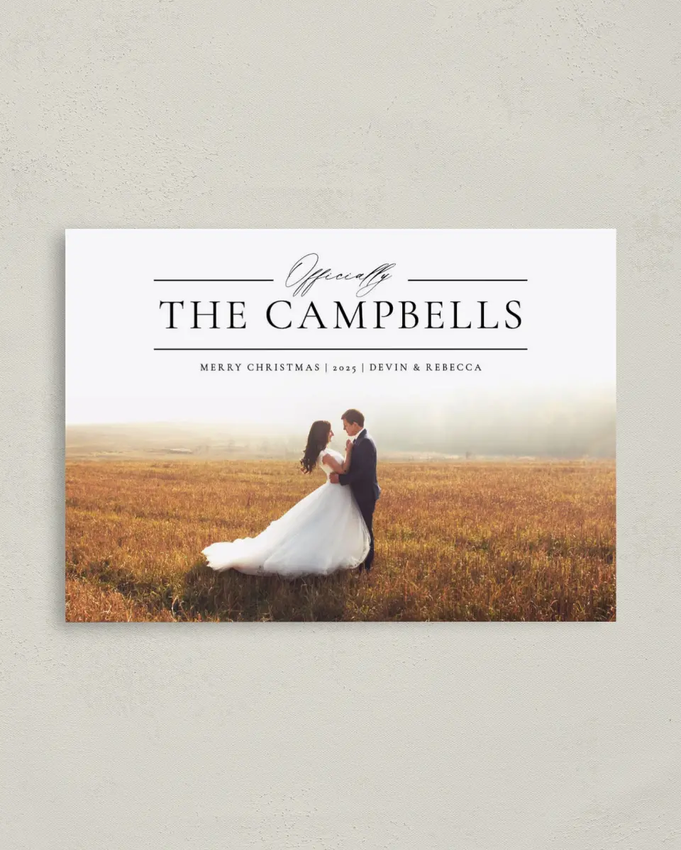 This is a 4" x 5.6" Christmas Card called Officially printed in full color with Rose Gold foil on Soft Suede (coated) paper