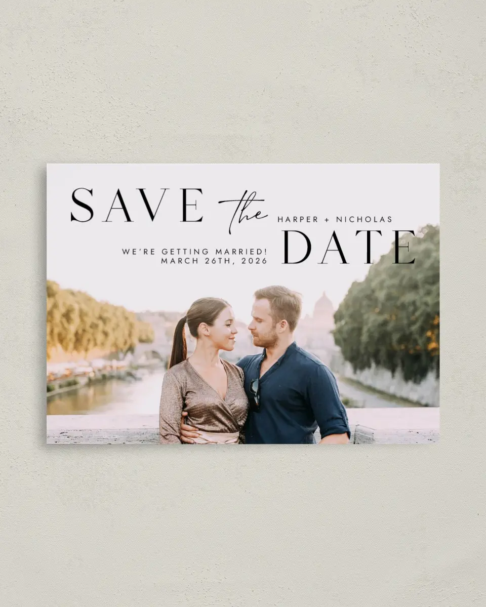This is a 4" x 5.6" Save the Date Postcard called Spacious Idea printed in full color on Soft Touch Finish paper