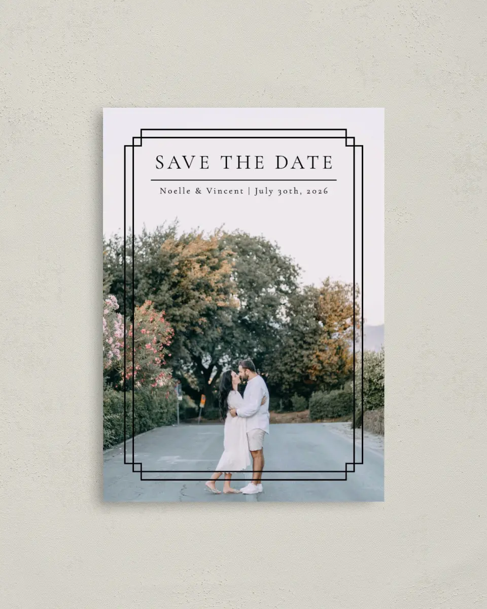 This is a 4" x 5.6" Save the Date Postcard called Exemplary Detail printed in full color on Soft Touch Finish paper