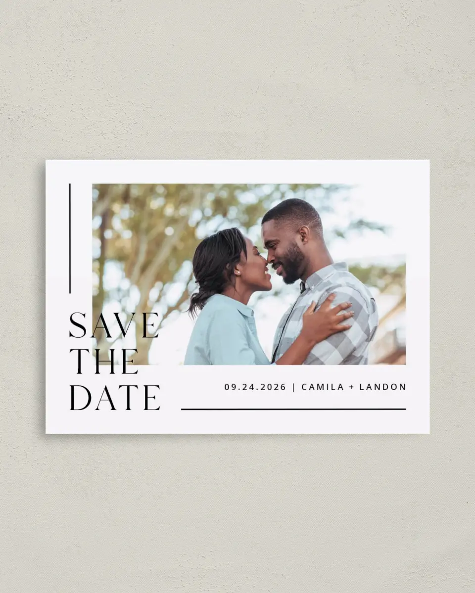 This is a 4" x 5.6" Save the Date Postcard called Perfect Line printed in full color on Soft Touch Finish paper