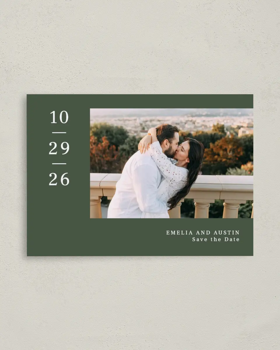 This is a 4" x 5.6" Save the Date Postcard called Magnificent Margin printed in full color on Soft Touch Finish paper