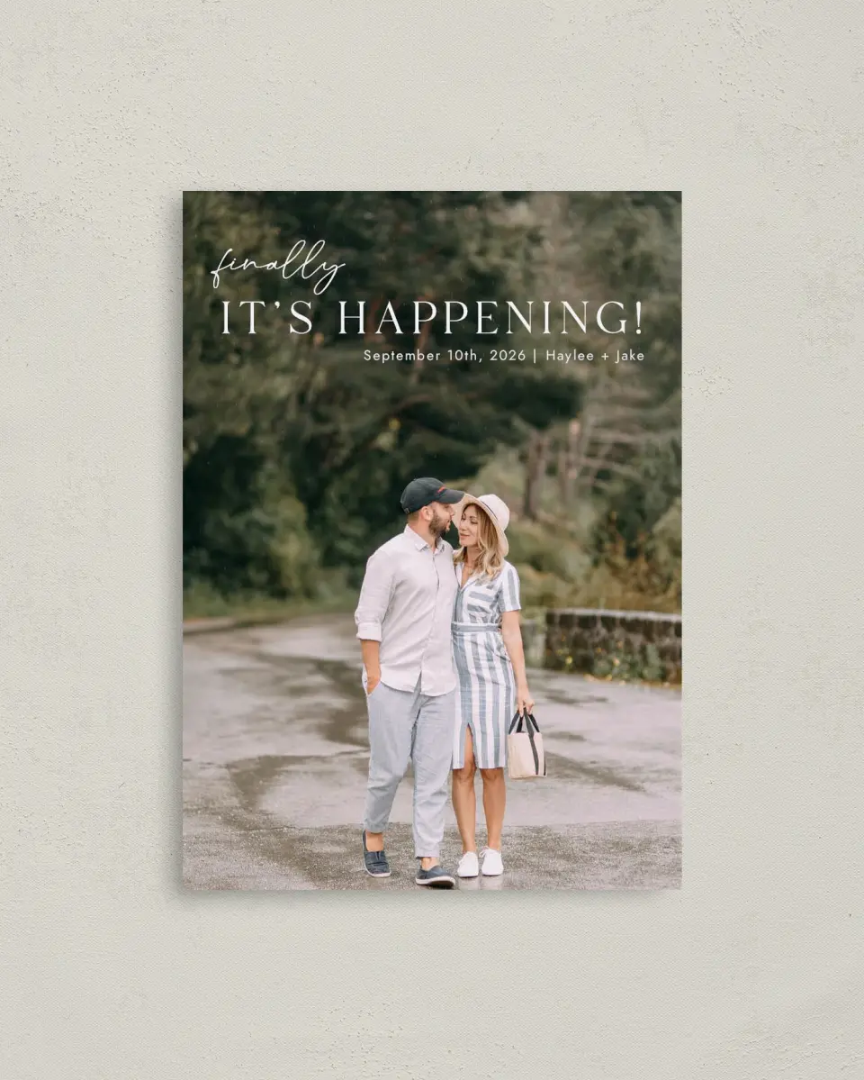 This is a 4" x 5.6" Save the Date Postcard called Peppy Proclamation printed in full color with Rose Gold foil on Soft Touch Finish paper