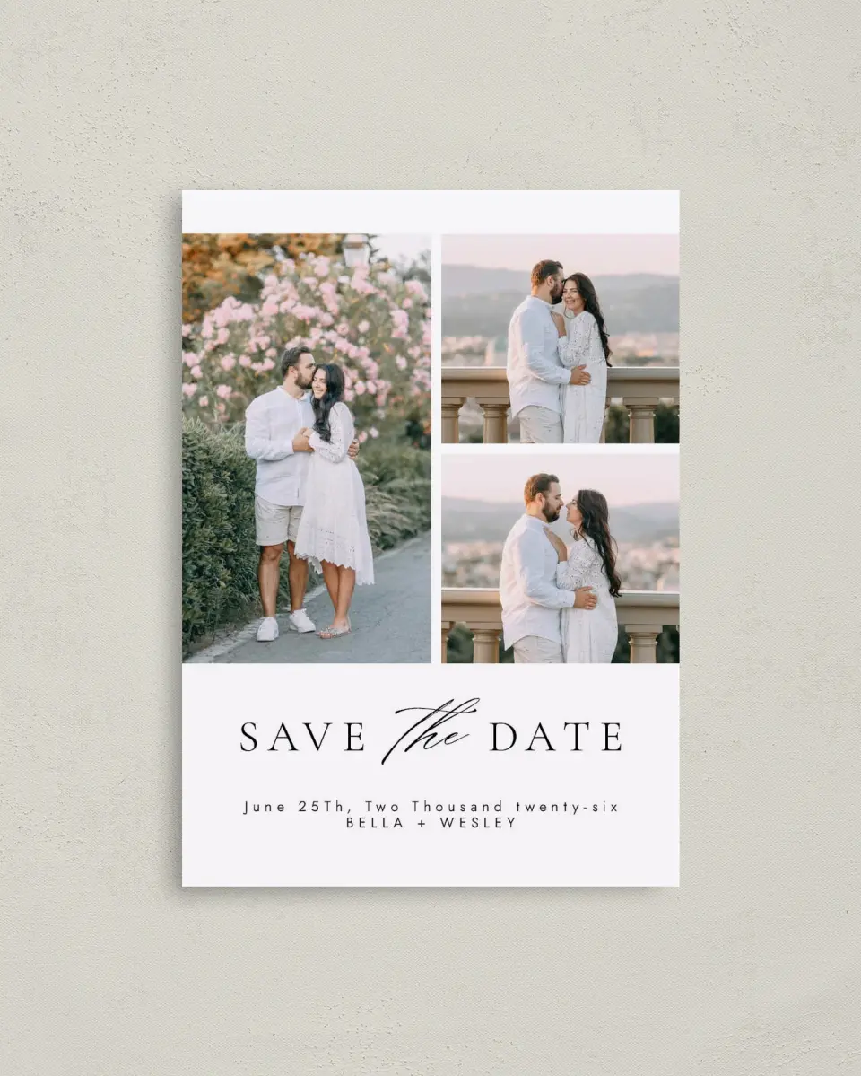 This is a 4" x 5.6" Save the Date Postcard called Fresh Medley printed in full color on Soft Touch Finish paper