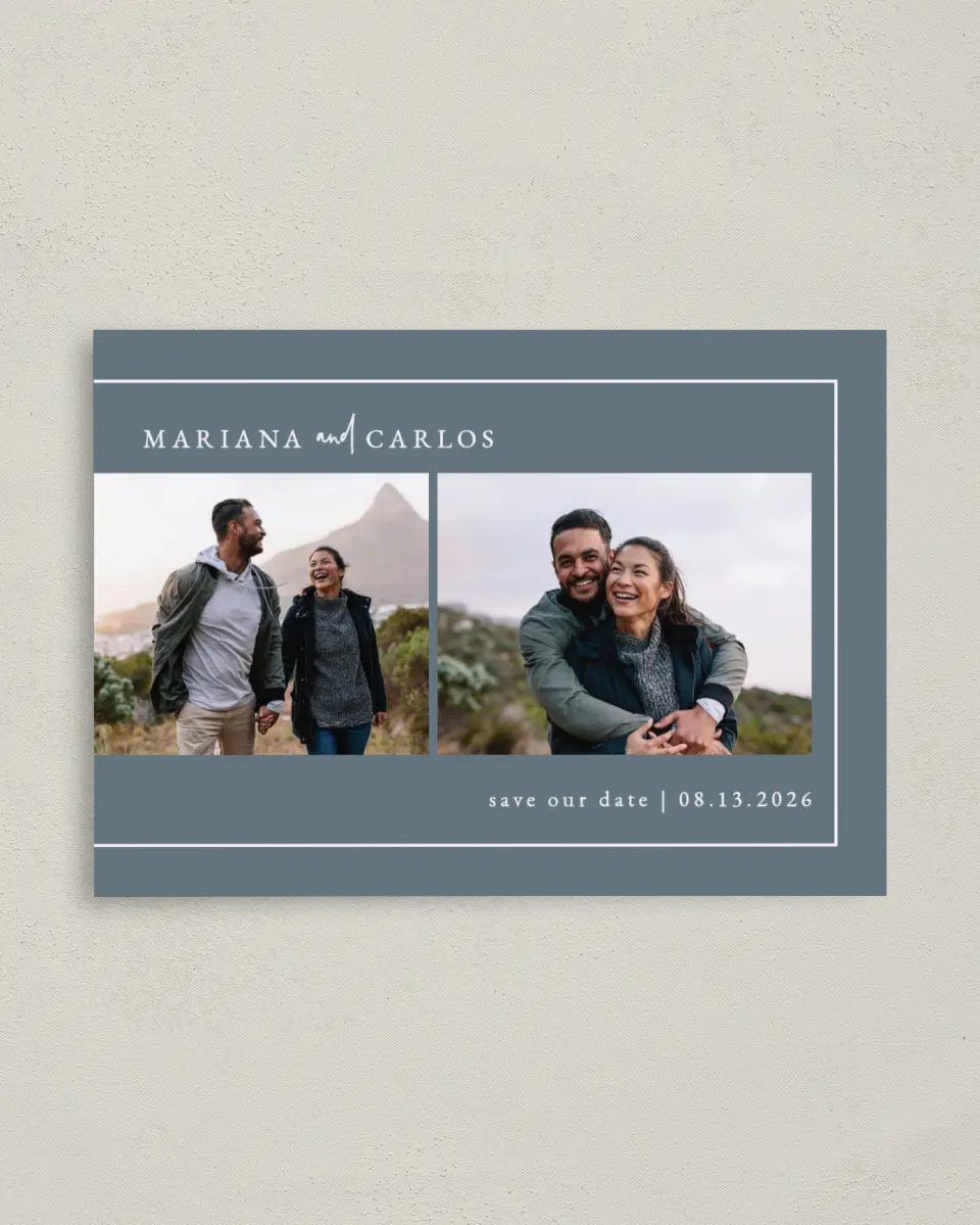This is a 4" x 5.6" Save the Date Postcard called Breathtaking Border printed in full color on Soft Touch Finish paper