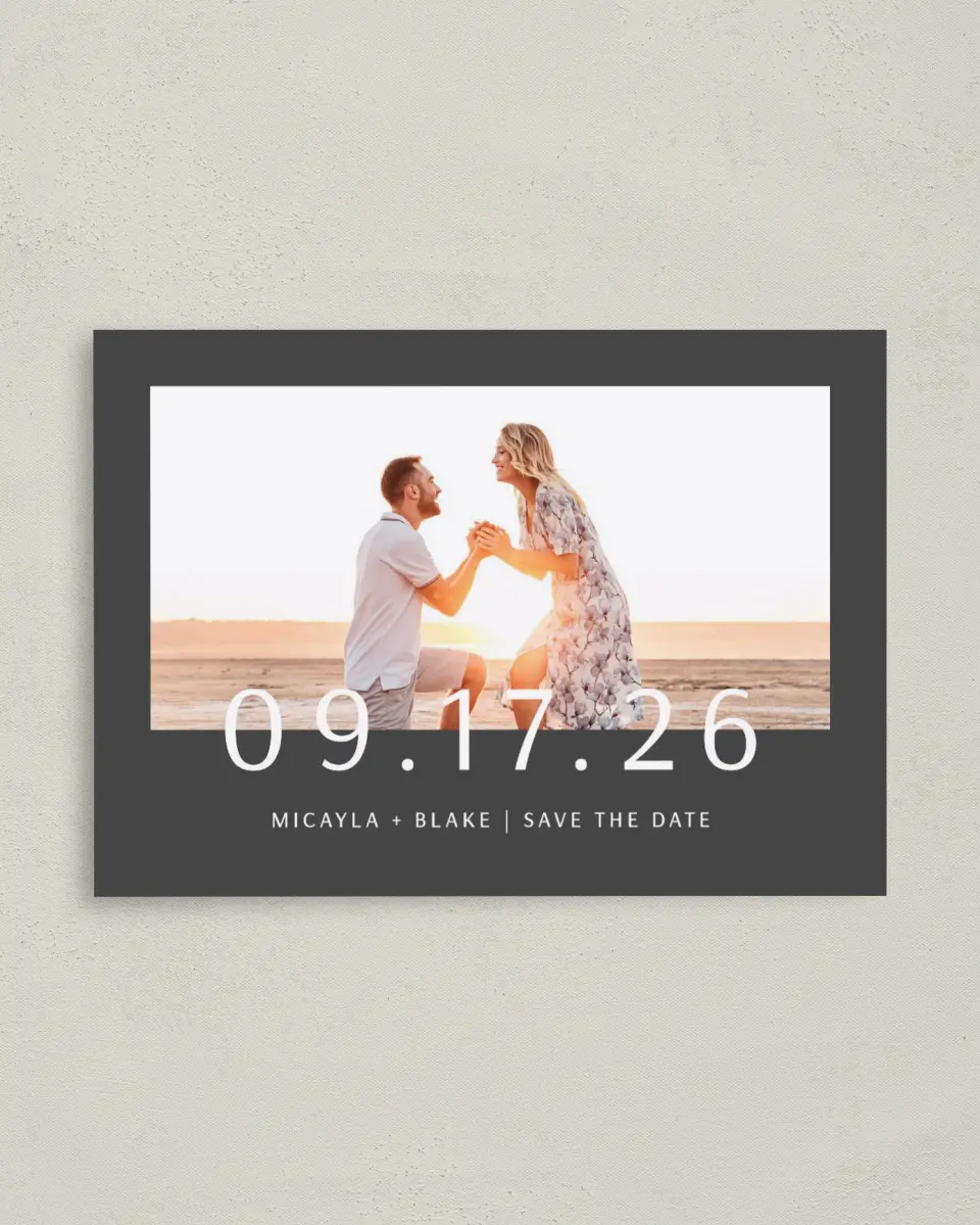 This is a 4" x 5.6" Save the Date Postcard called Powerful Mark printed in full color on Soft Touch Finish paper