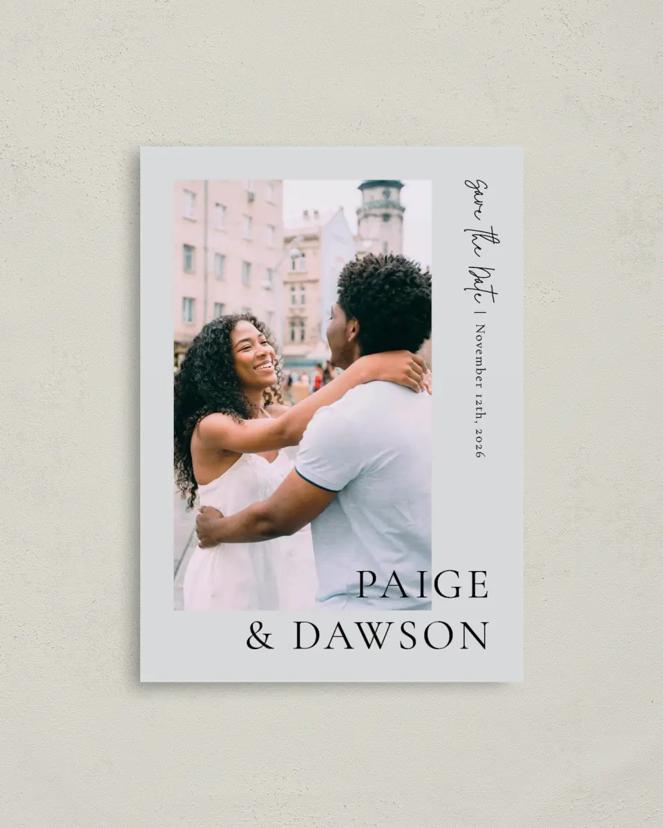 This is a 4" x 5.6" Save the Date Postcard called Sweet Detail printed in full color with Rose Gold foil on Soft Touch Finish paper