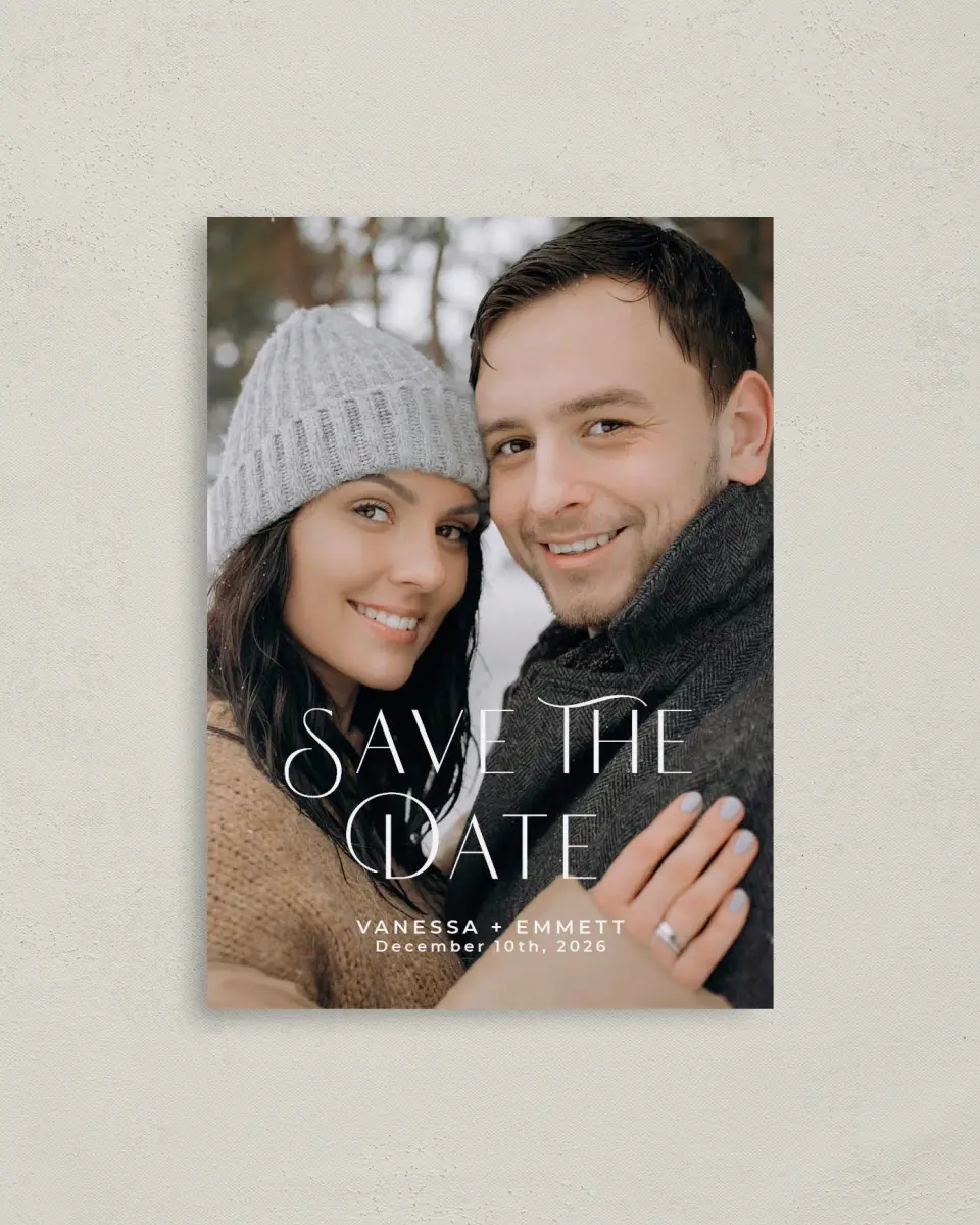 This is a 4" x 5.6" Save the Date Postcard called Stylish Touch printed in full color with Rose Gold foil on Soft Touch Finish paper