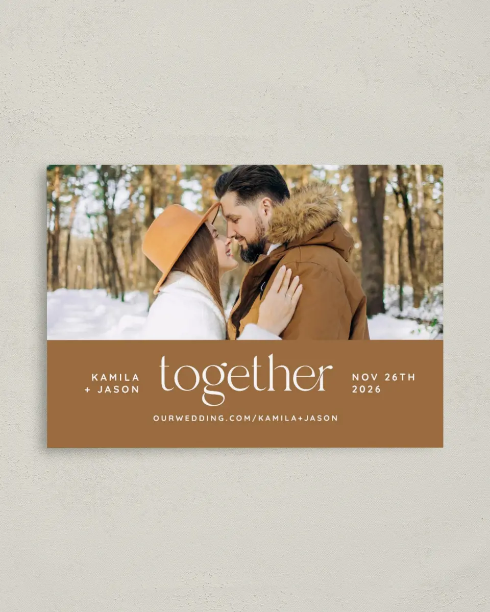 This is a 4" x 5.6" Save the Date Postcard called Still Together printed in full color on Soft Touch Finish paper