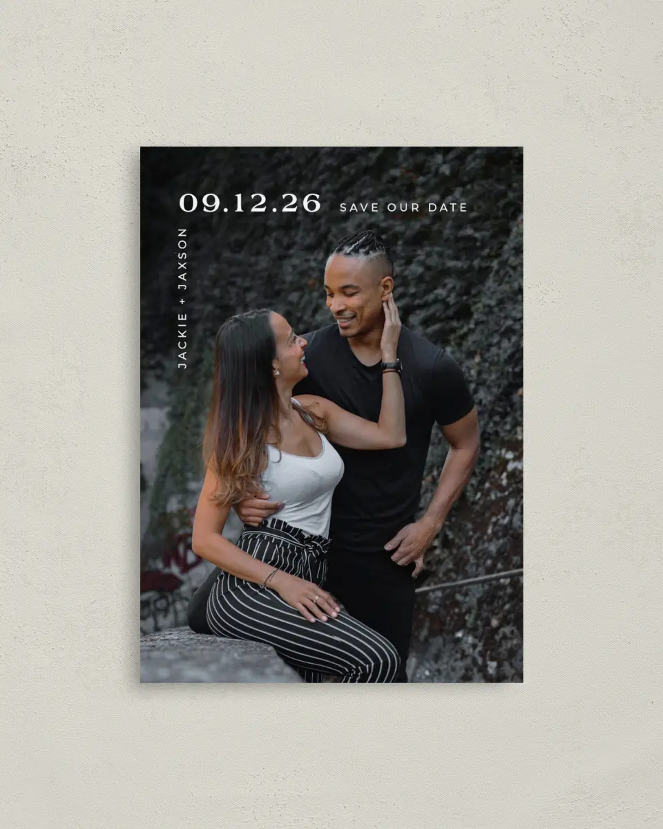 This is a 4" x 5.6" Save the Date Postcard called Love's Intersection printed in full color with Rose Gold foil on Soft Touch Finish paper