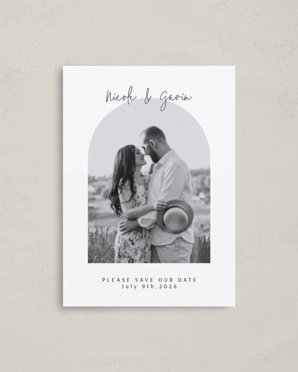 This is a 4" x 5.6" Save the Date Postcard called Love's Archway printed in full color with Rose Gold foil on Soft Touch Finish paper