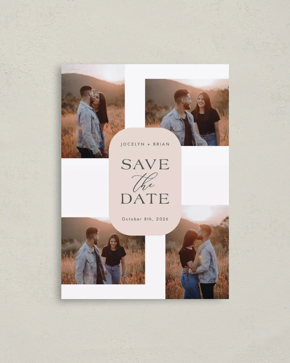 This is a 4" x 5.6" Save the Date Postcard called Dazzling Moment printed in full color on Soft Touch Finish paper