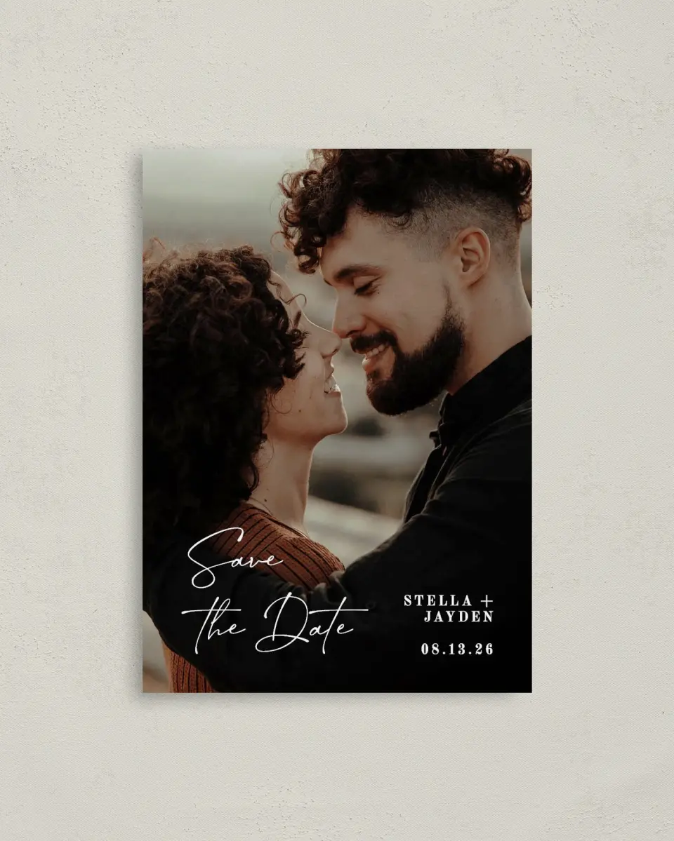 This is a 4" x 5.6" Save the Date Postcard called Delicate Treasure printed in full color with Rose Gold foil on Soft Touch Finish paper