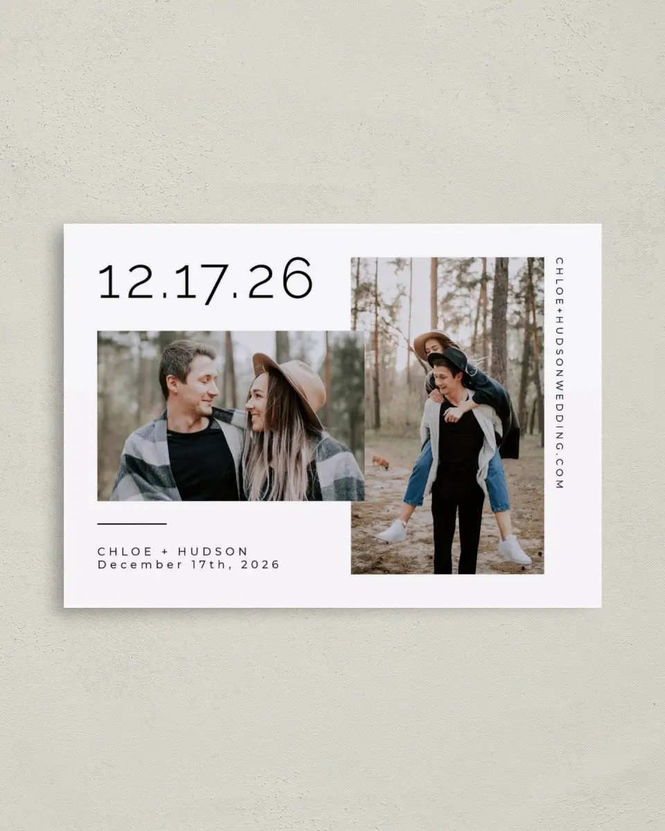 This is a 4" x 5.6" Save the Date Postcard called Fresh Date printed in full color on Soft Touch Finish paper