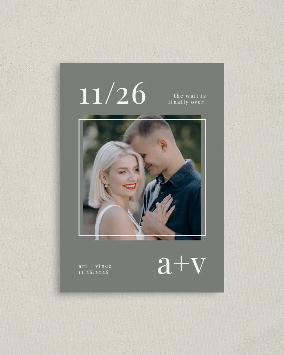 This is a 4" x 5.6" Save the Date Postcard called Darling Digest printed in full color on Soft Touch Finish paper
