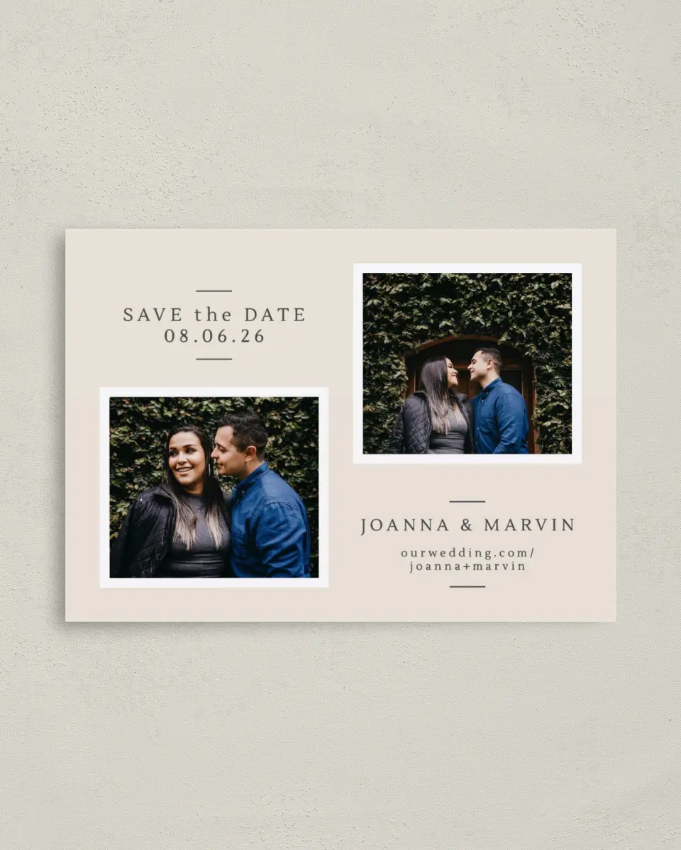 This is a 4" x 5.6" Save the Date Postcard called Precious Pair printed in full color on Soft Touch Finish paper