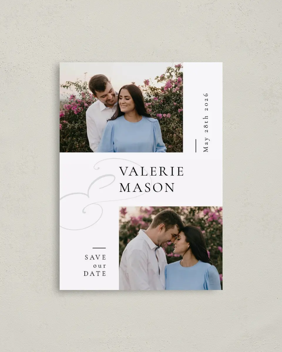 This is a 4" x 5.6" Save the Date Postcard called And Love printed in full color on Soft Touch Finish paper