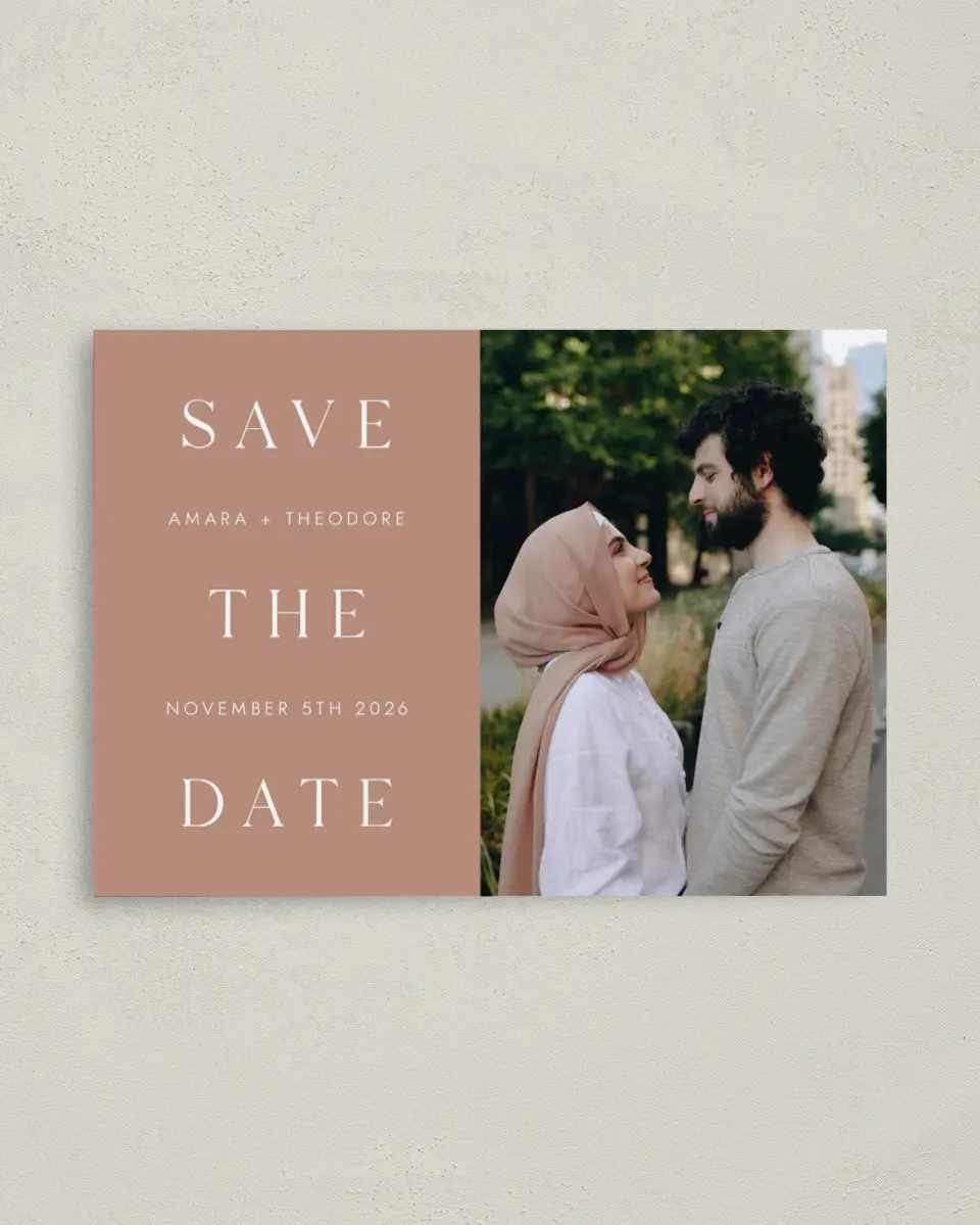This is a 4" x 5.6" Save the Date Postcard called Stacked Pair printed in full color on Soft Touch Finish paper