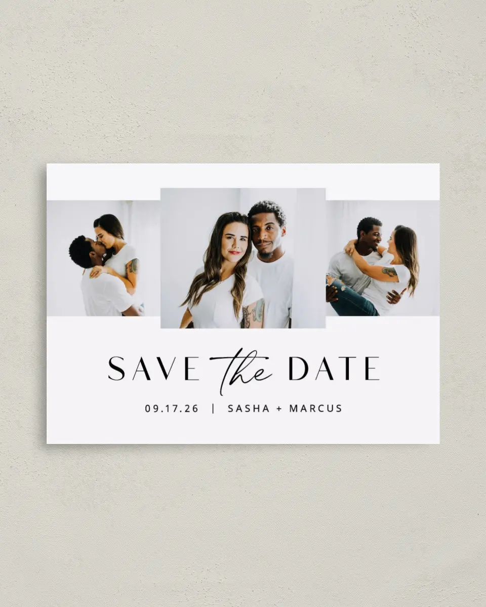 This is a 4" x 5.6" Save the Date Postcard called Tender Trio printed in full color on Soft Touch Finish paper