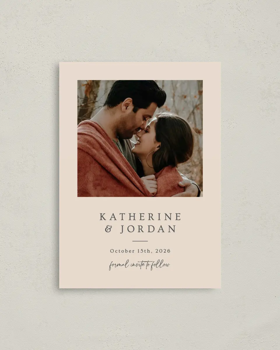 This is a 4" x 5.6" Save the Date Postcard called Wrapped in Love printed in full color on Soft Touch Finish paper