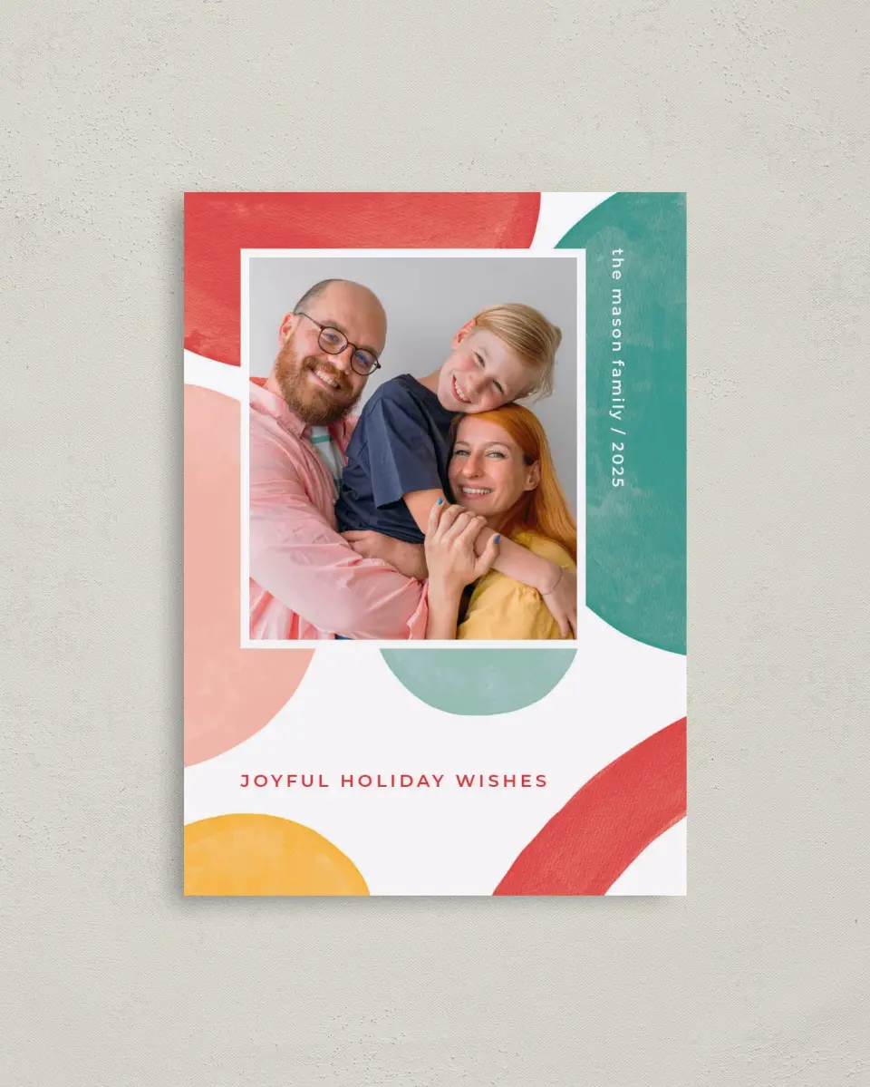 This is a 4" x 5.6" Christmas Card called Bright & Jolly printed in full color with Rose Gold foil on Soft Suede (coated) paper