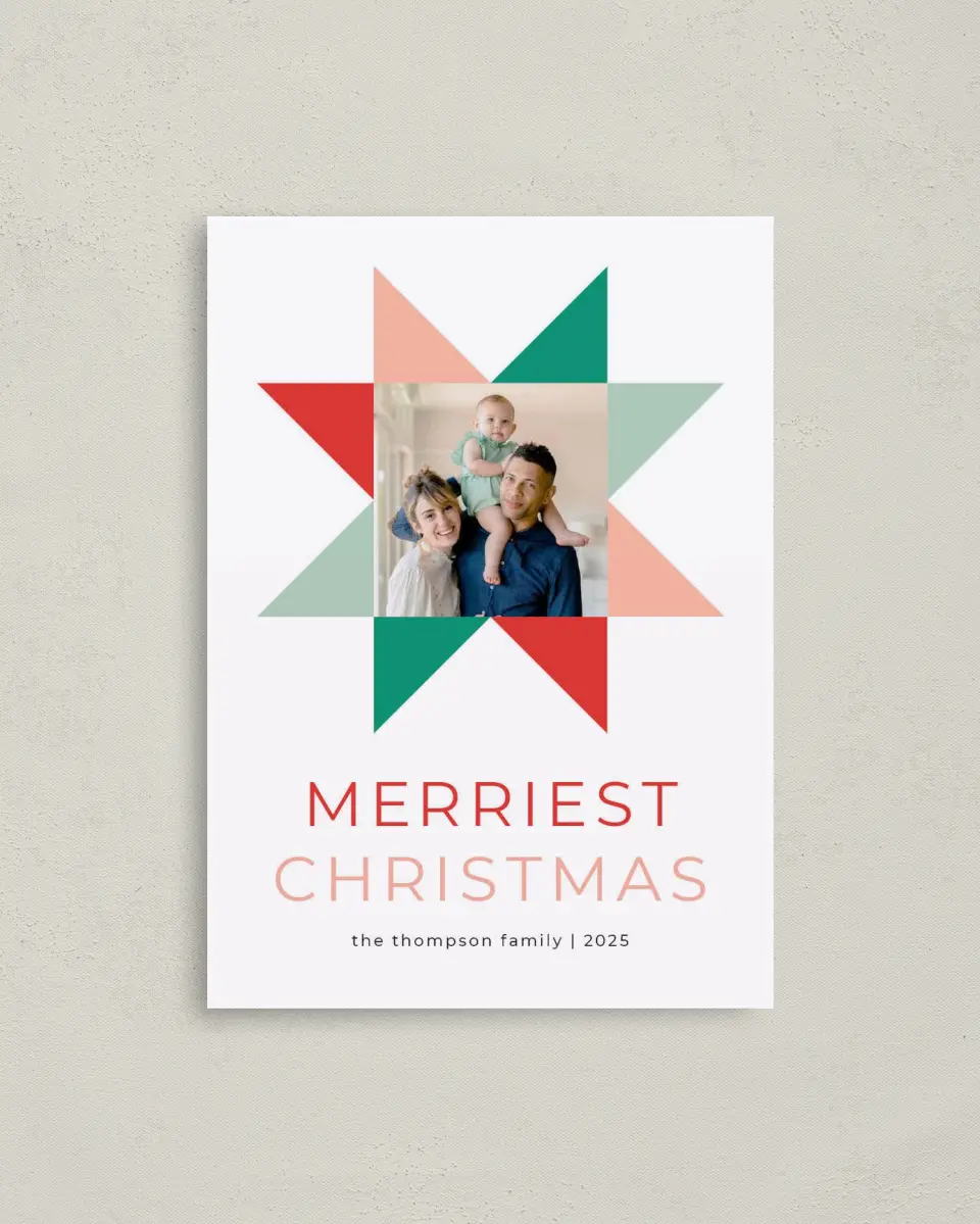 This is a 4" x 5.6" Christmas Card called Merry Merry printed in full color with Rose Gold foil on Soft Suede (coated) paper