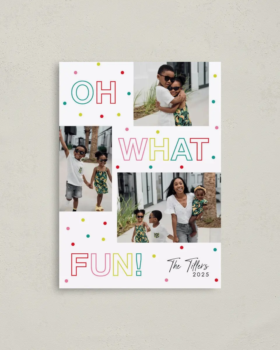 This is a 4" x 5.6" Christmas Card called Vibrant Fun printed in full color with Rose Gold foil on Soft Suede (coated) paper
