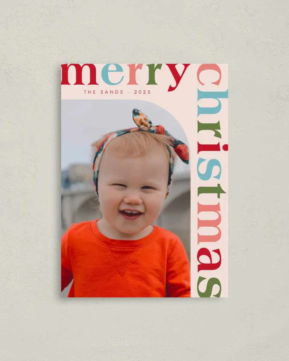 This is a 4" x 5.6" Christmas Card called Colorful Christmas printed in full color with Rose Gold foil on Soft Suede (coated) paper