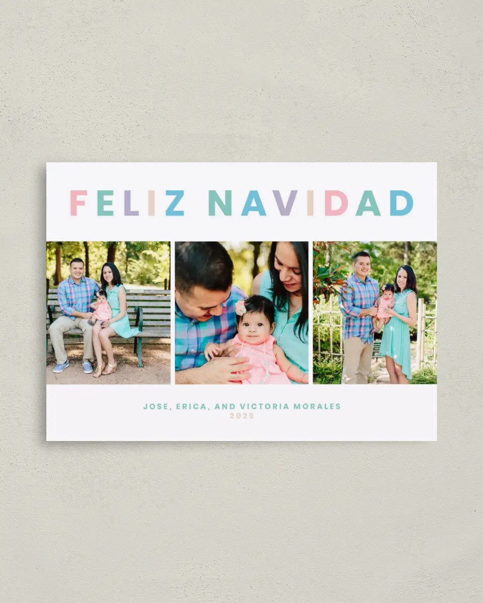 This is a 4" x 5.6" Christmas Card called Feliz Navidad printed in full color with Rose Gold foil on Soft Suede (coated) paper