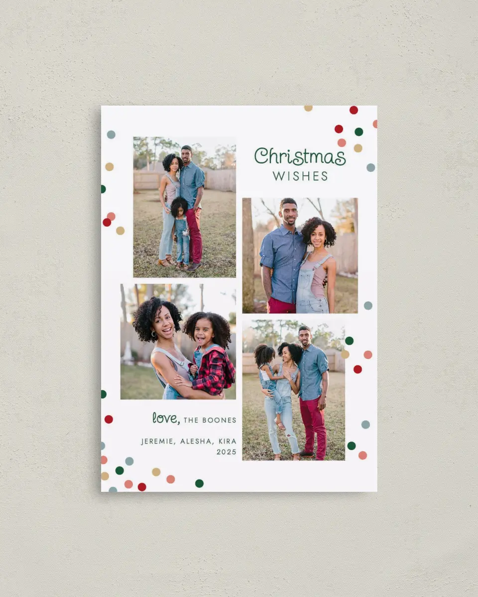 This is a 4" x 5.6" Christmas Card called Shining Wishes printed in full color with Rose Gold foil on Soft Suede (coated) paper