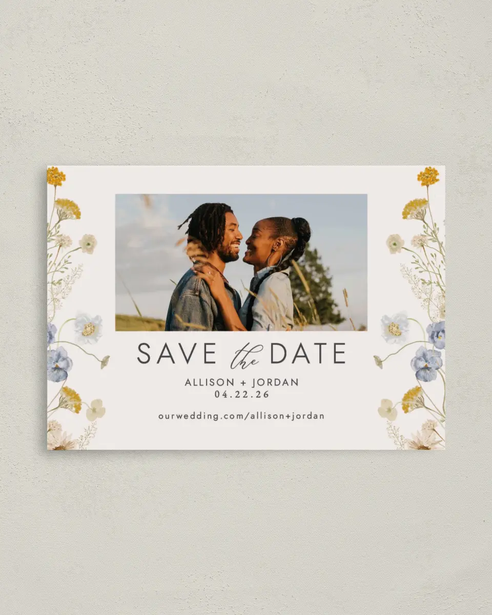 This is a 4" x 5.6" Save the Date Postcard called Tender Blooms printed in full color on Soft Touch Finish paper